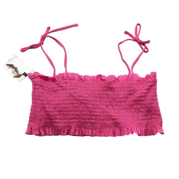 Jessica Simpson Womens Pink Glitter Bomb Smocked Bandeau Bikini Swim Top S - Picture 4 of 6